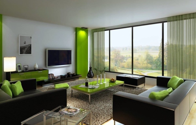 Зеленый цвет в интерьере гостиной